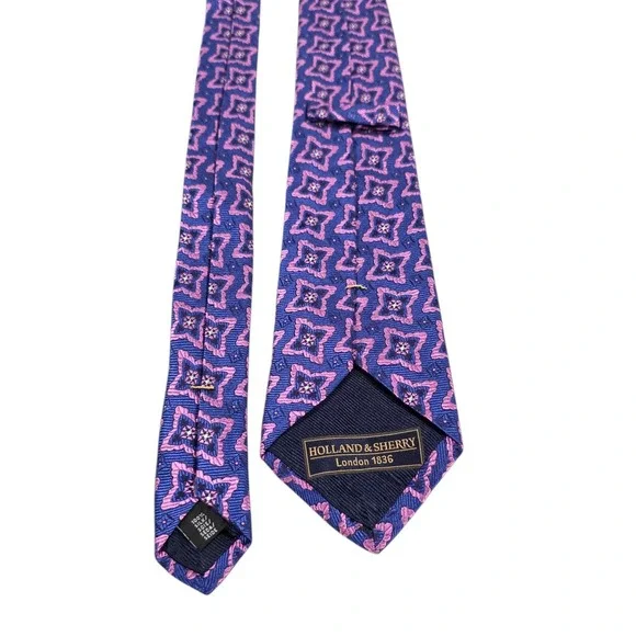 HOLLAND‎ & SHERRY Silk Geometric Pattern Necktie Blue Pink Luxury Formal Men's